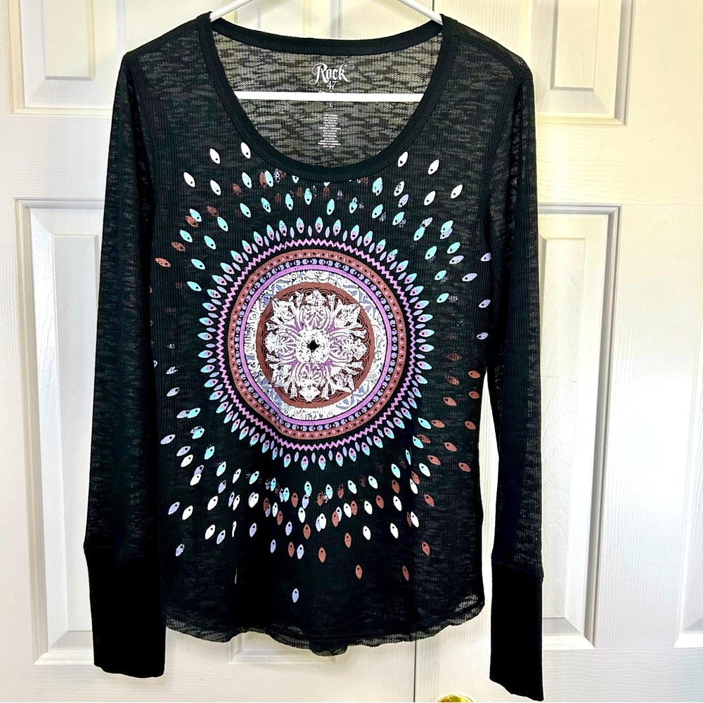 Wrangler Rock 47 Medallion Black Long Sleeve Thermal Top Size Large